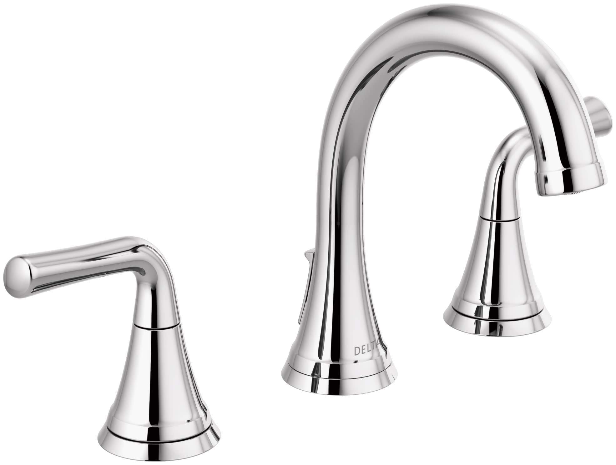 Chrome widespread bathroom faucet with two handles, arched spout, and conical bases.