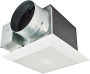 Panasonic ceiling-mounted ventilation fan with white grille, metal ductwork, and black housing unit.