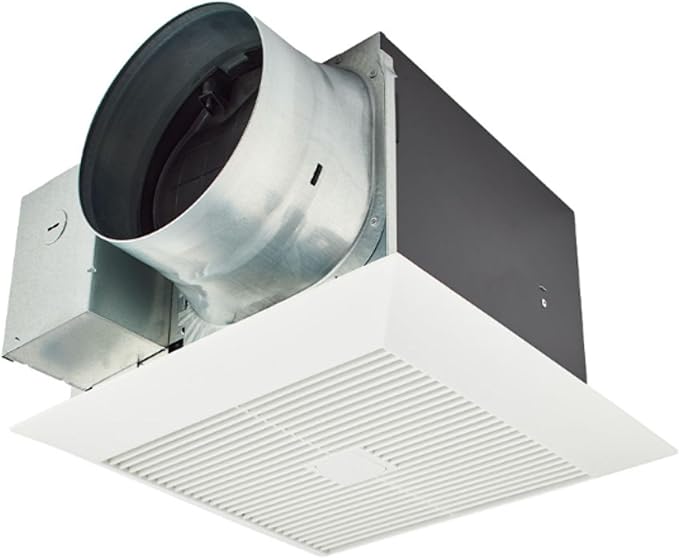 Panasonic ceiling-mounted ventilation fan with white grille, metal ductwork, and black housing unit.