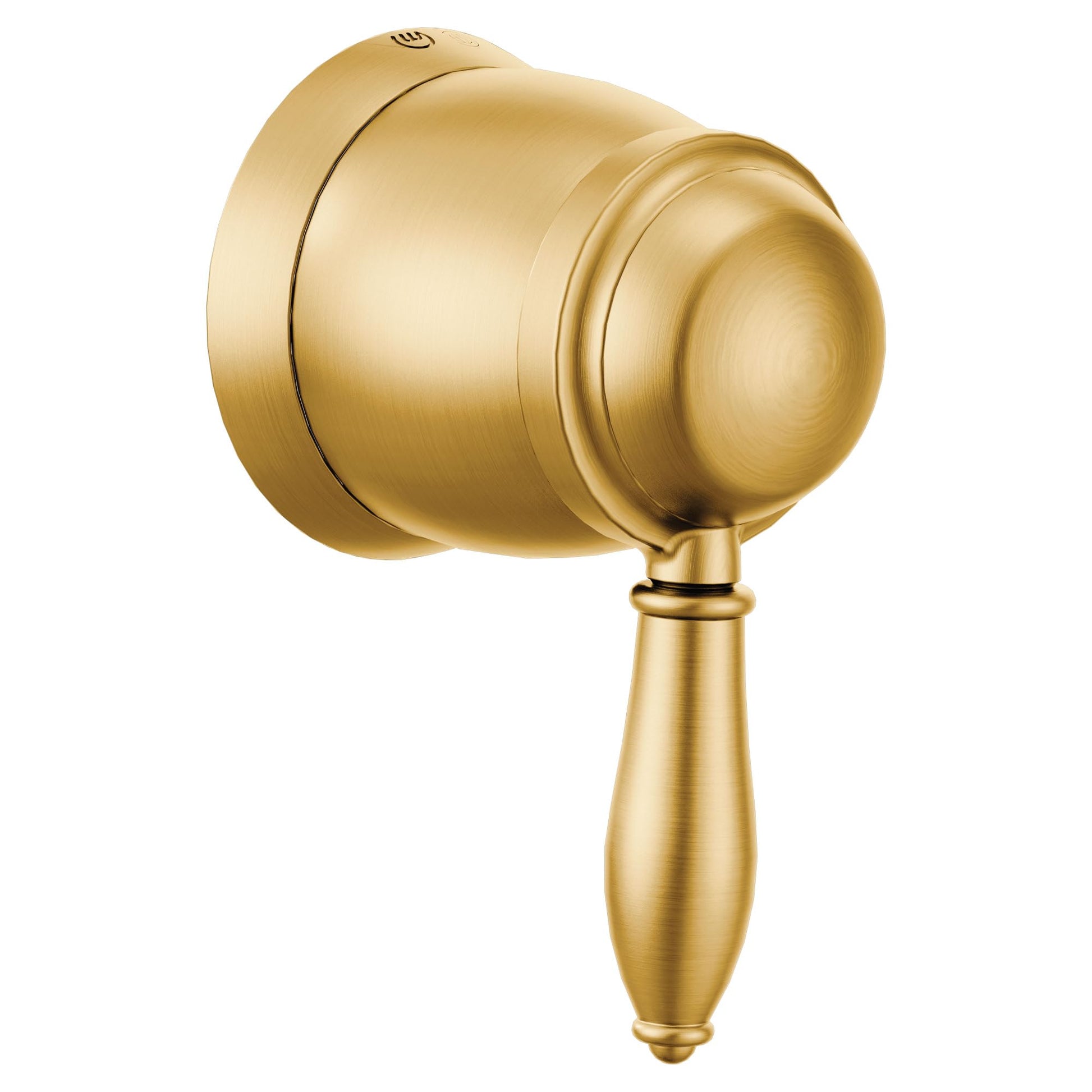 Brushed gold volume control valve trim with cylindrical body, rounded handle, and Moen logo on escutcheon plate.
