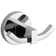 Chrome finish robe hook with dual curved arms and round wall-mounted base.