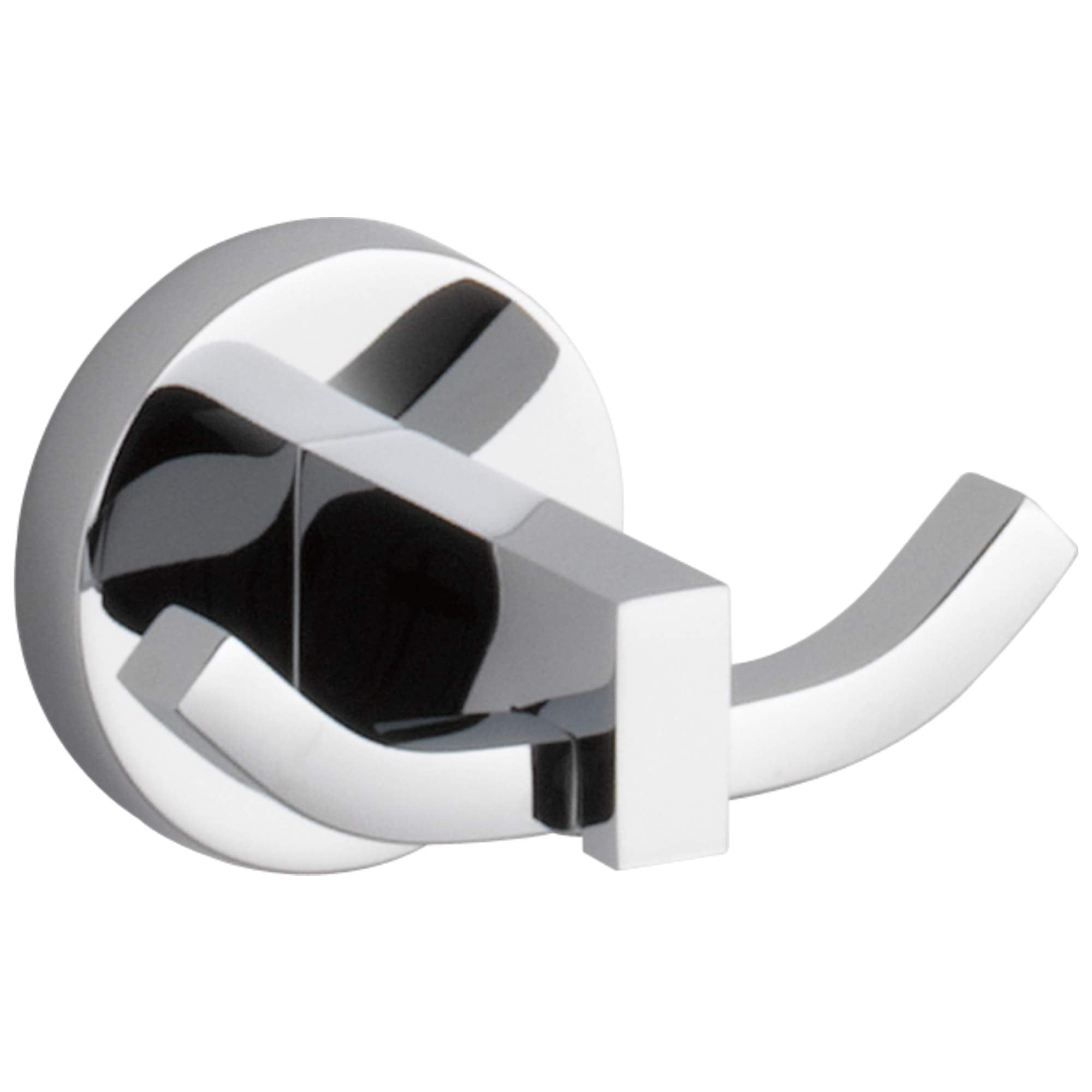 Chrome finish robe hook with dual curved arms and round wall-mounted base.