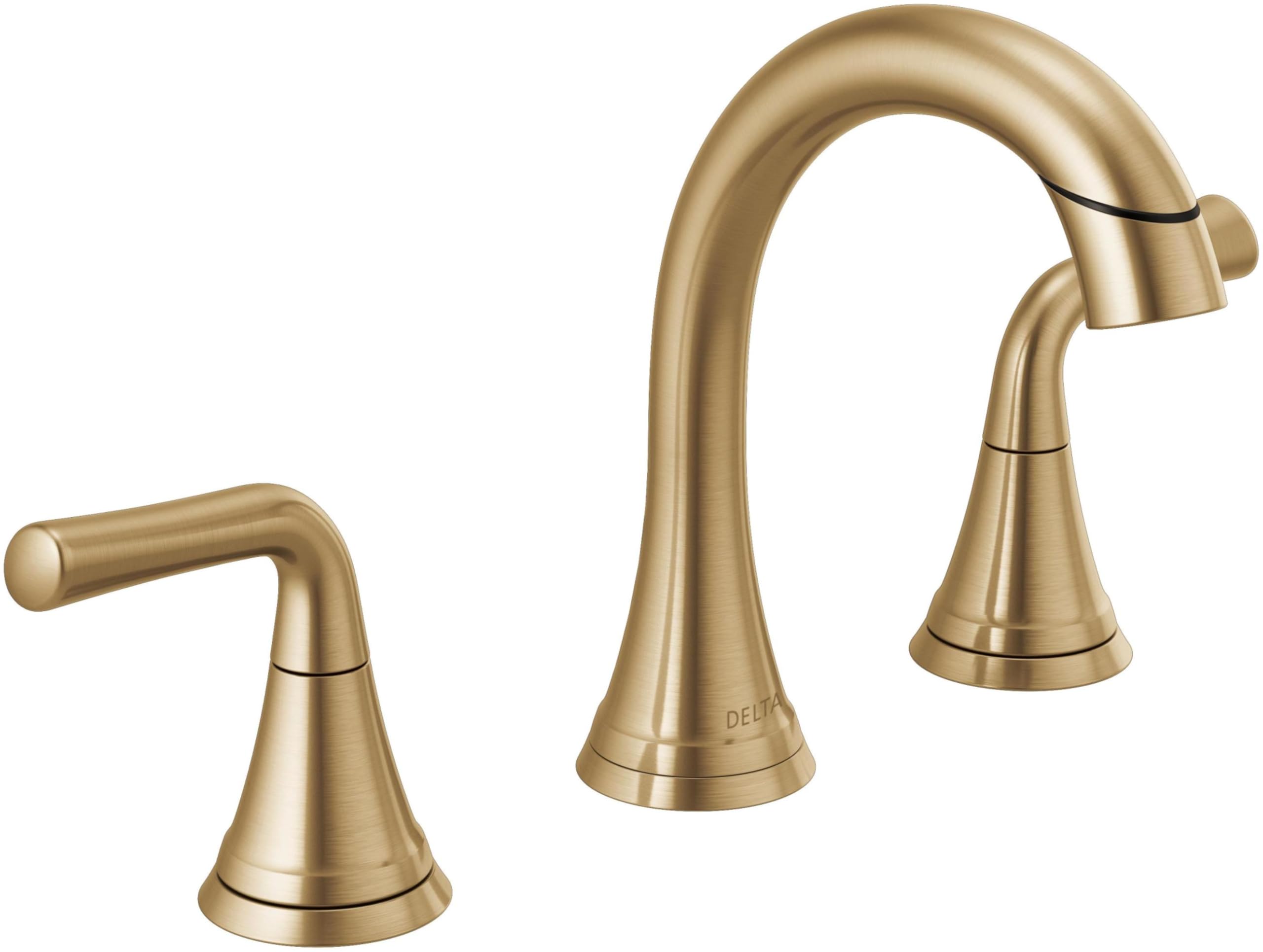 Champagne bronze widespread bathroom faucet with two lever handles and curved pull-down spout.