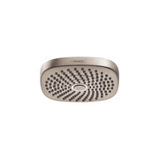 Brushed nickel oval shower head with multiple spray jets and Hansgrohe branding.