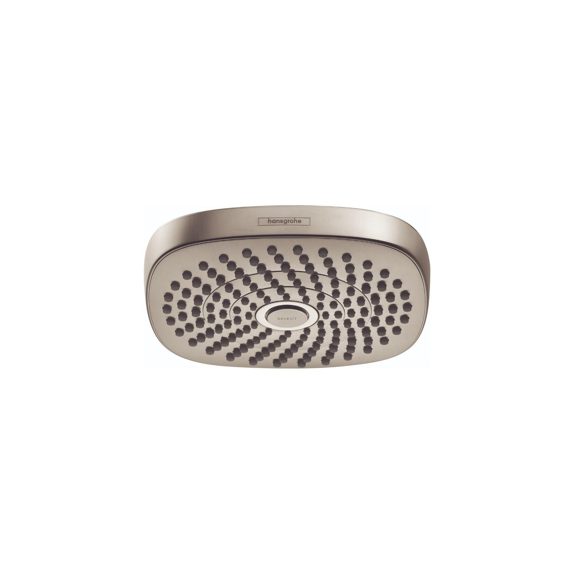 Brushed nickel oval shower head with multiple spray jets and Hansgrohe branding.