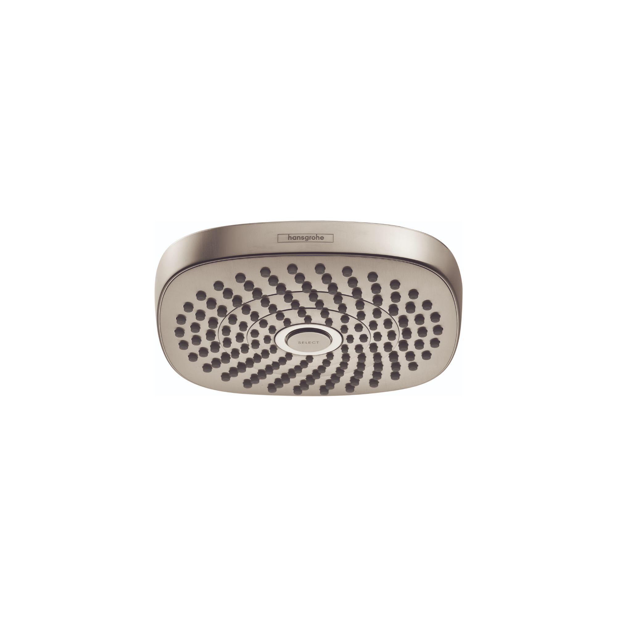 Brushed nickel oval shower head with multiple spray jets and Hansgrohe branding.