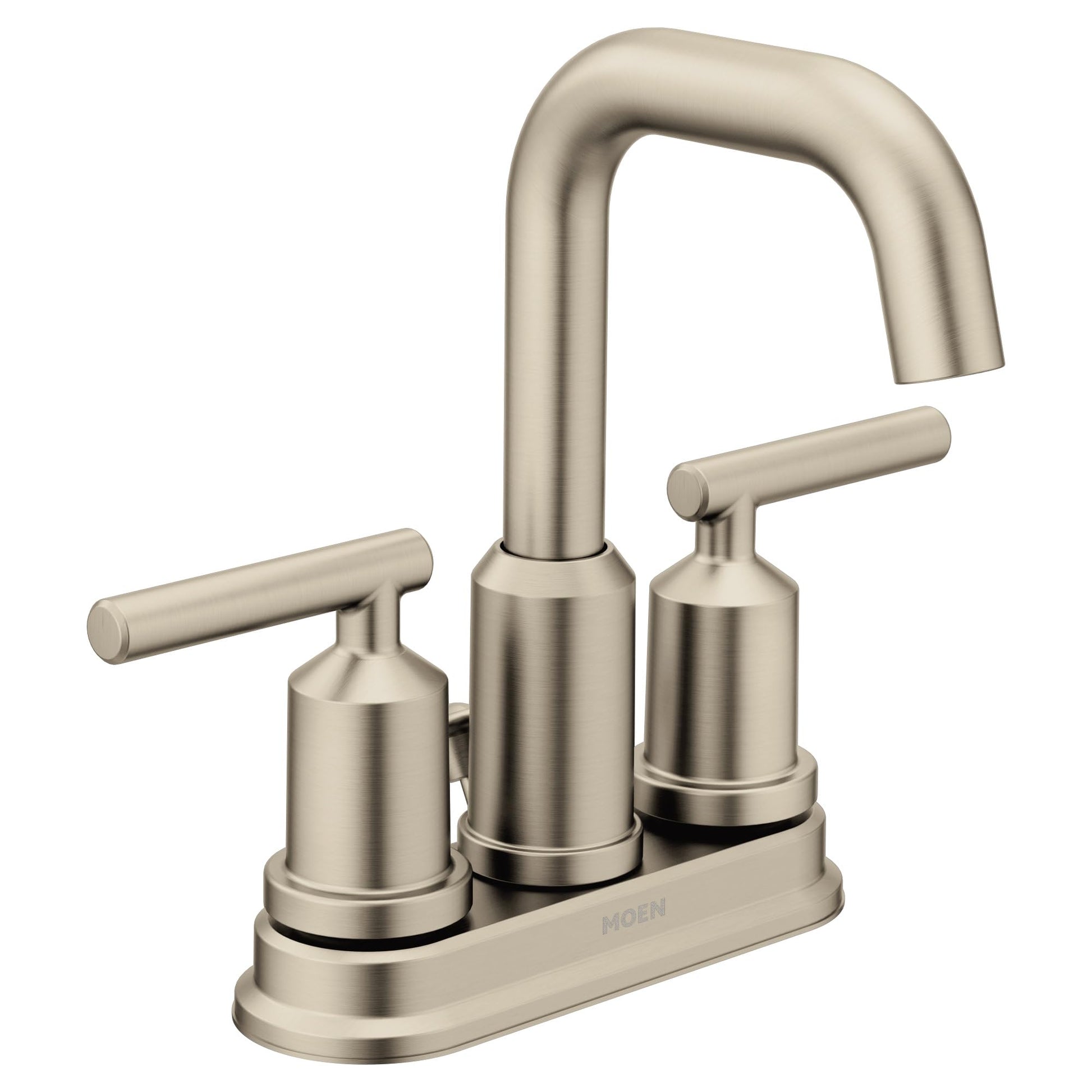 Brushed nickel two-handle bathroom faucet with high-arc spout and cylindrical handles on matching base.