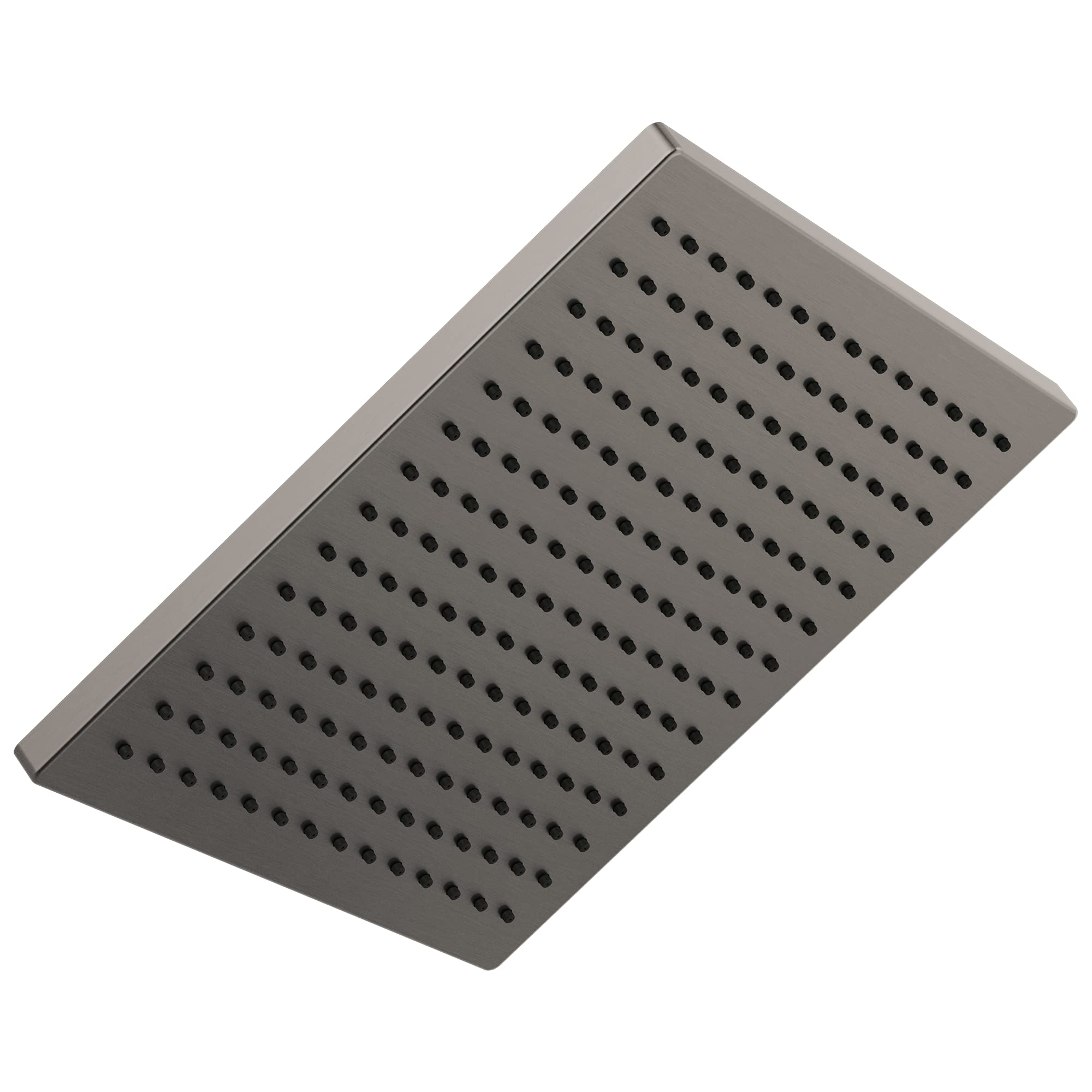 Square metal raincan shower head with evenly spaced perforations and angled mounting bracket.