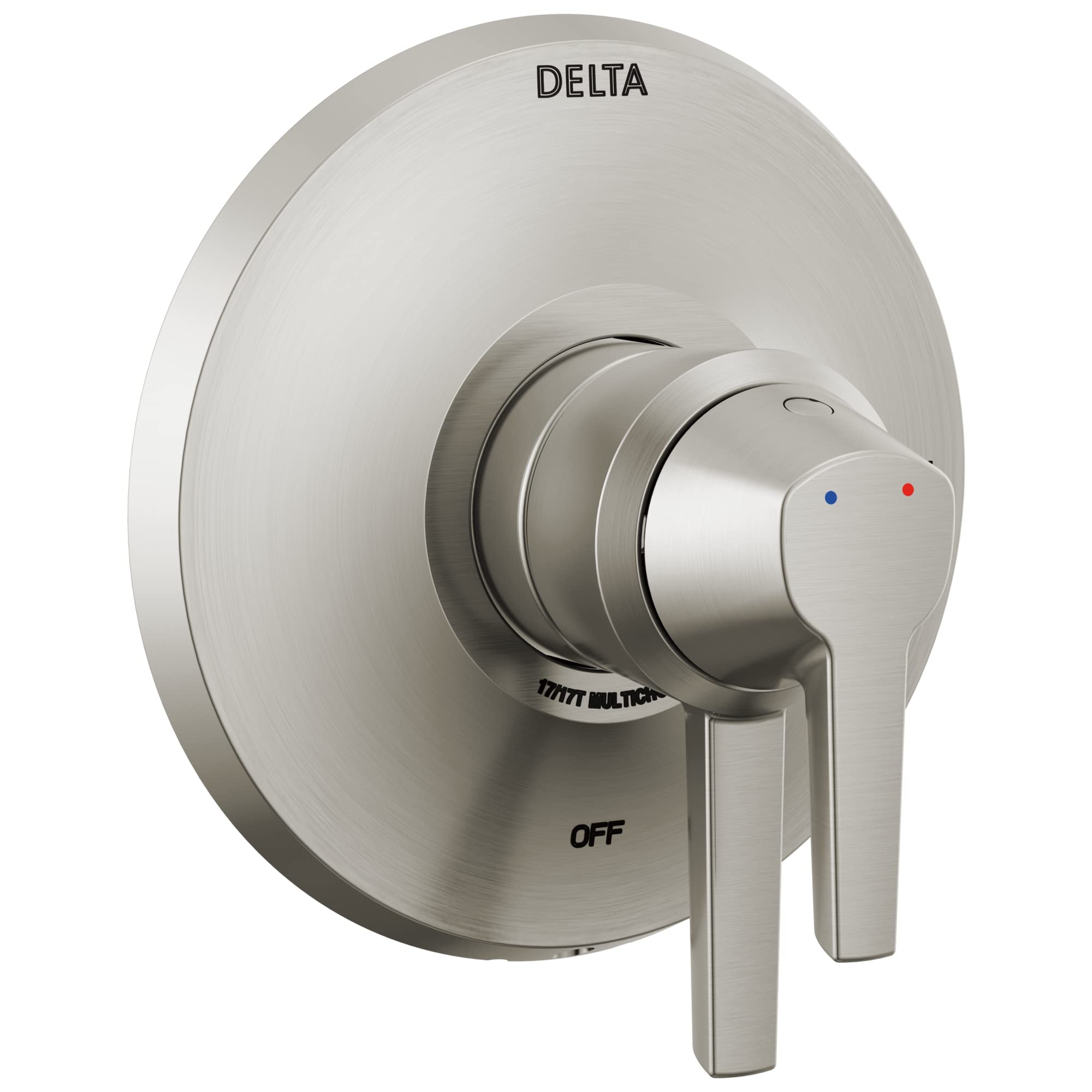 Brushed nickel Delta Galeon 17 Series valve trim with round escutcheon, lever handle, and temperature indicator dots.