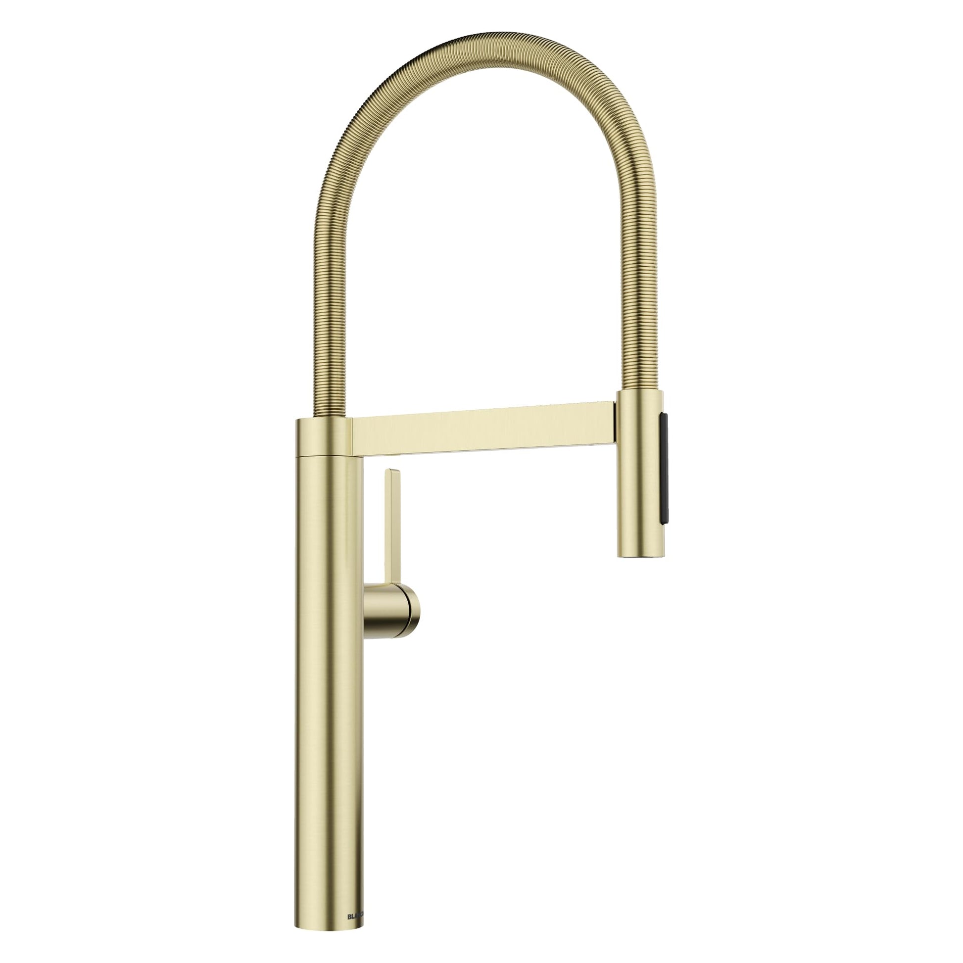 Satin gold pull-down kitchen faucet with high arched spout and flexible hose spray head.