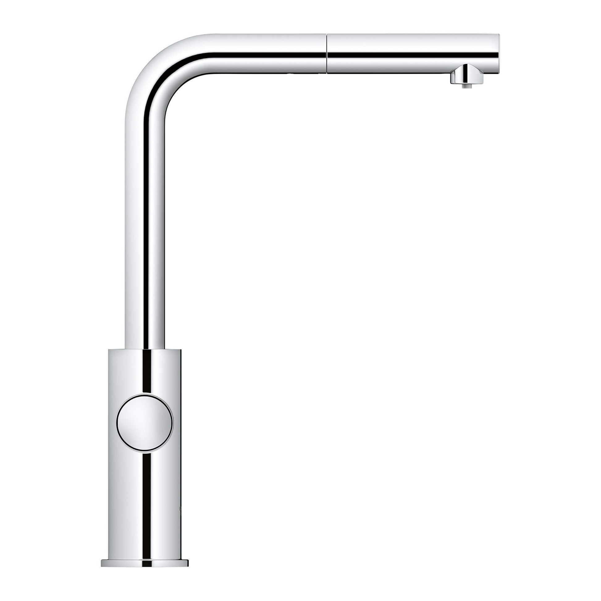 Chrome pull-out kitchen faucet with single handle and angled spout.