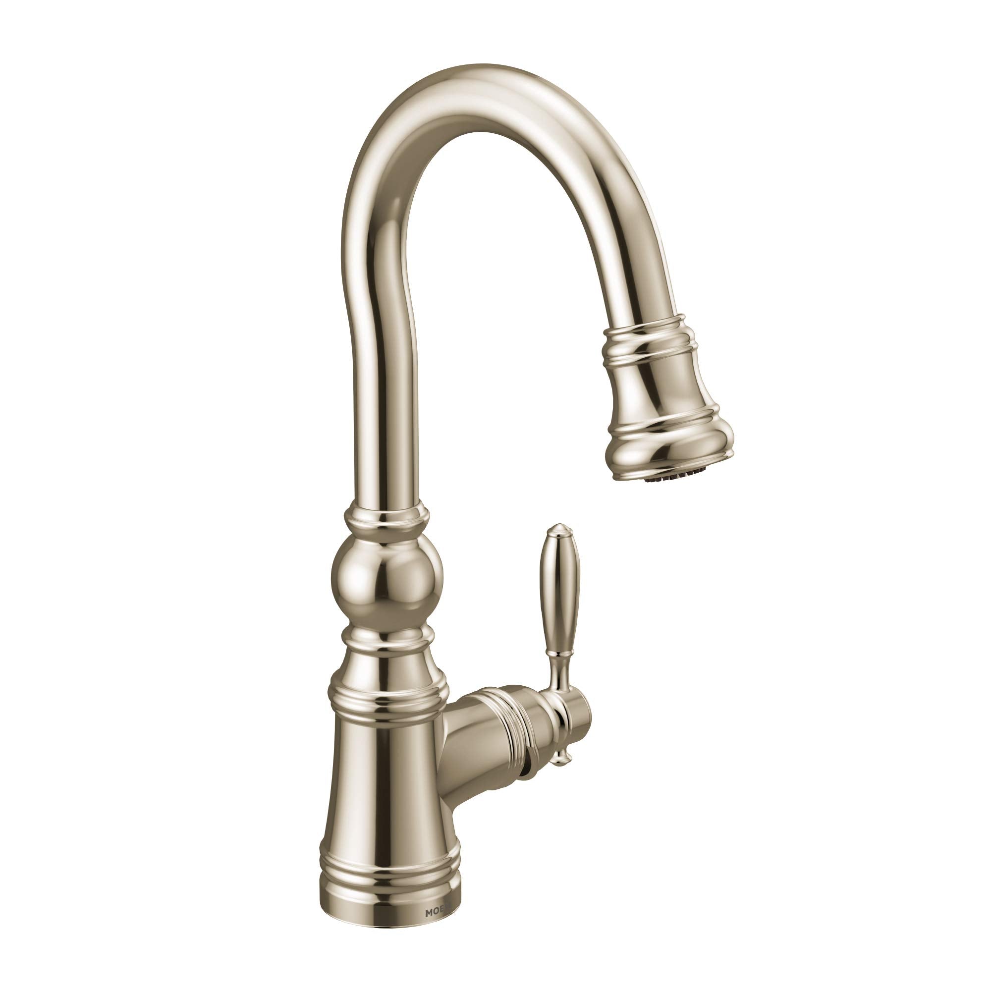 Polished nickel shepherd's hook pulldown kitchen faucet with single lever handle and curved spout.