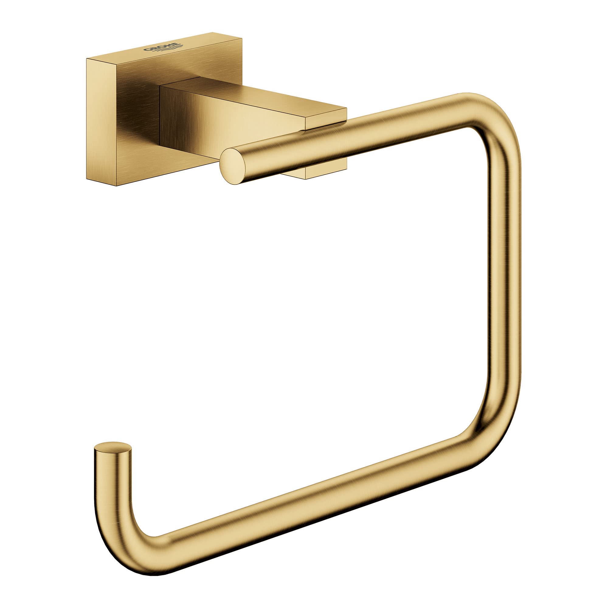 Brushed gold square toilet paper holder with curved open ring design and wall-mounted bracket.