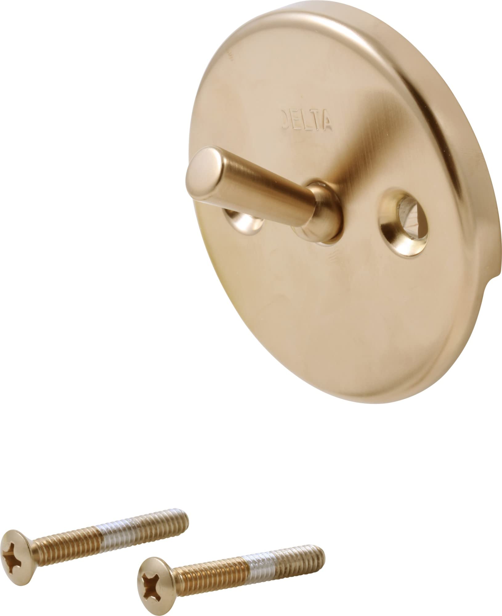 Champagne bronze circular overflow plate with trip lever and two mounting screws.