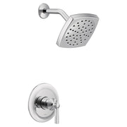 Chrome shower trim kit with single lever handle, square showerhead with perforations, and curved arm mounted on wall.
