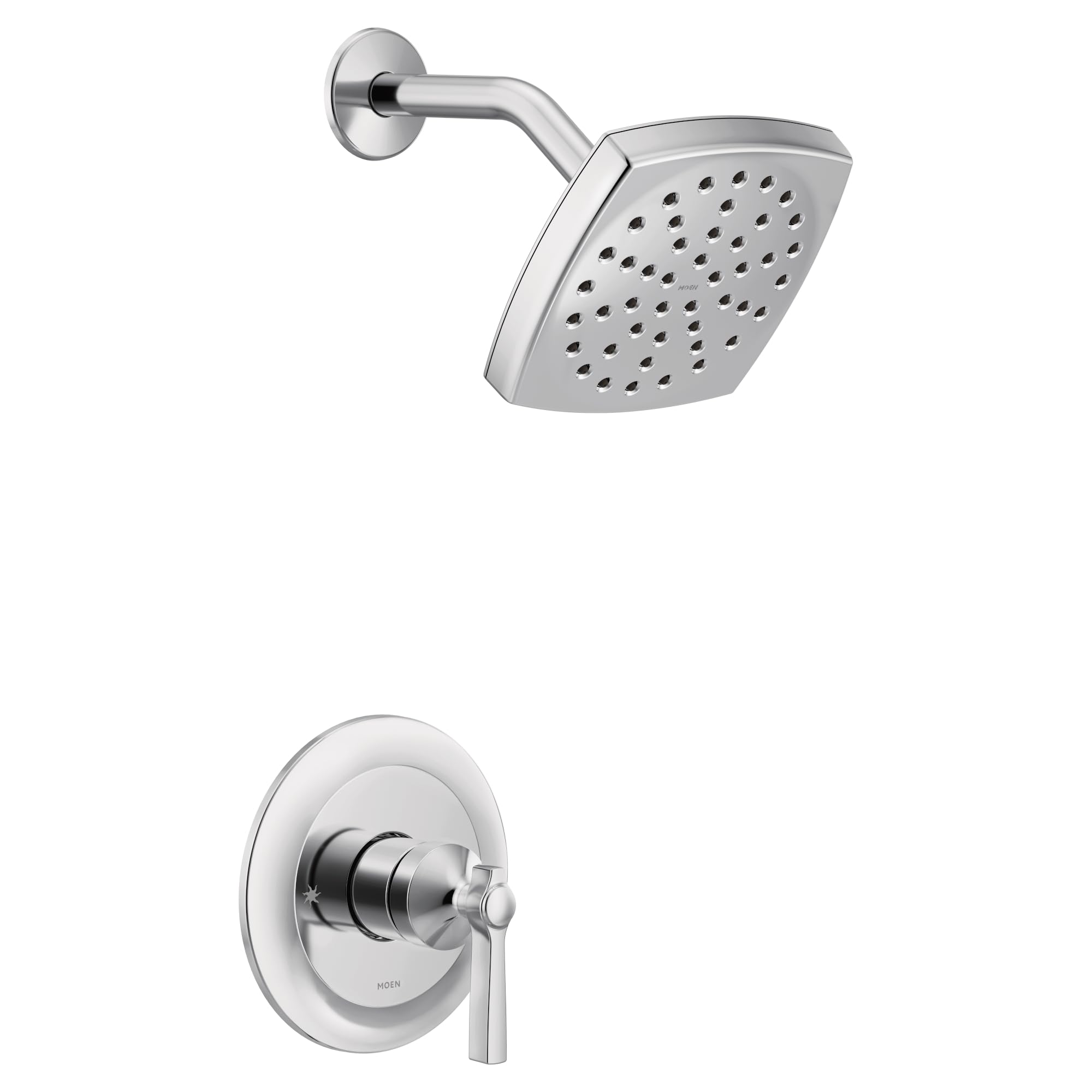 Chrome shower trim kit with single lever handle, square showerhead with perforations, and curved arm mounted on wall.