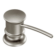 Stainless steel countertop soap dispenser with cylindrical body, wide base, and angled pump spout.