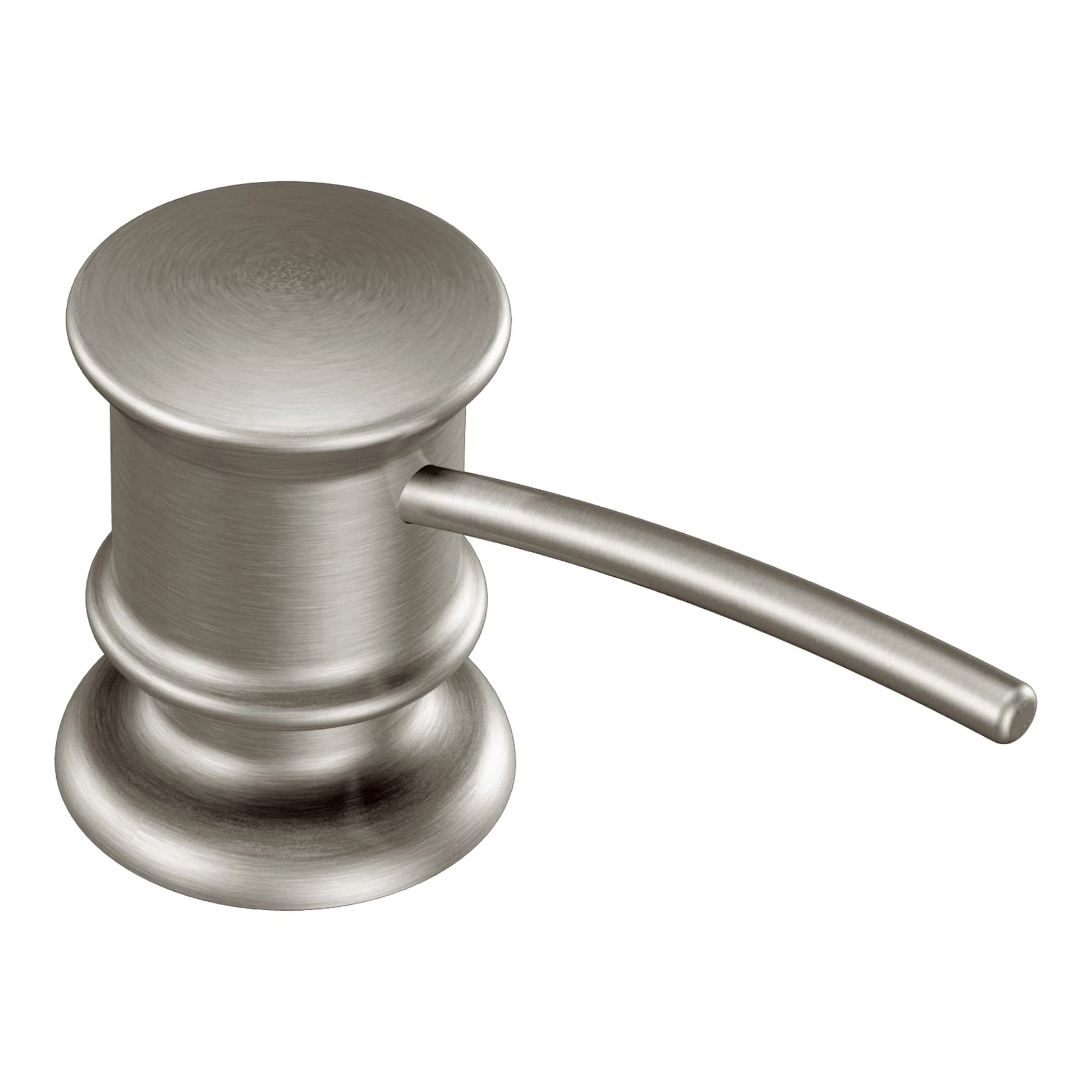 Stainless steel countertop soap dispenser with cylindrical body, wide base, and angled pump spout.