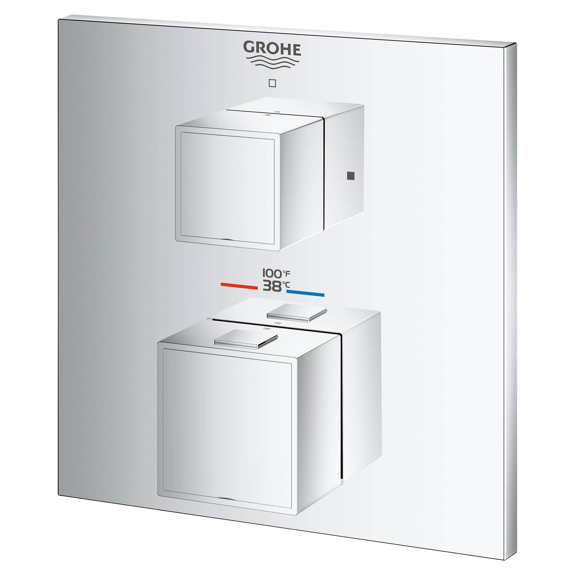 Chrome dual-handle thermostatic valve trim with square escutcheons and temperature indicator showing 38°C/100°F.