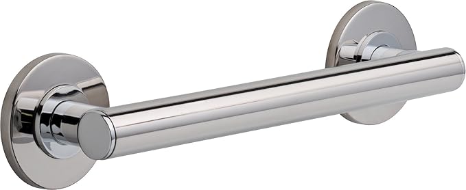 Polished chrome cylindrical grab bar with circular wall-mounted flanges on each end.
