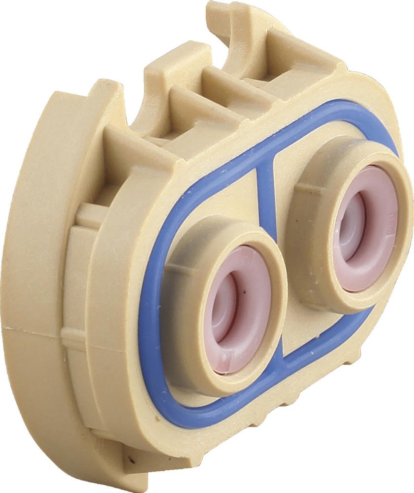 Peerless Core check valve assembly with tan plastic housing, blue stripe, and two pink valve seats.