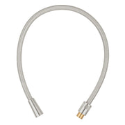 Silver braided shower hose with metal connectors on both ends, displayed against white background.