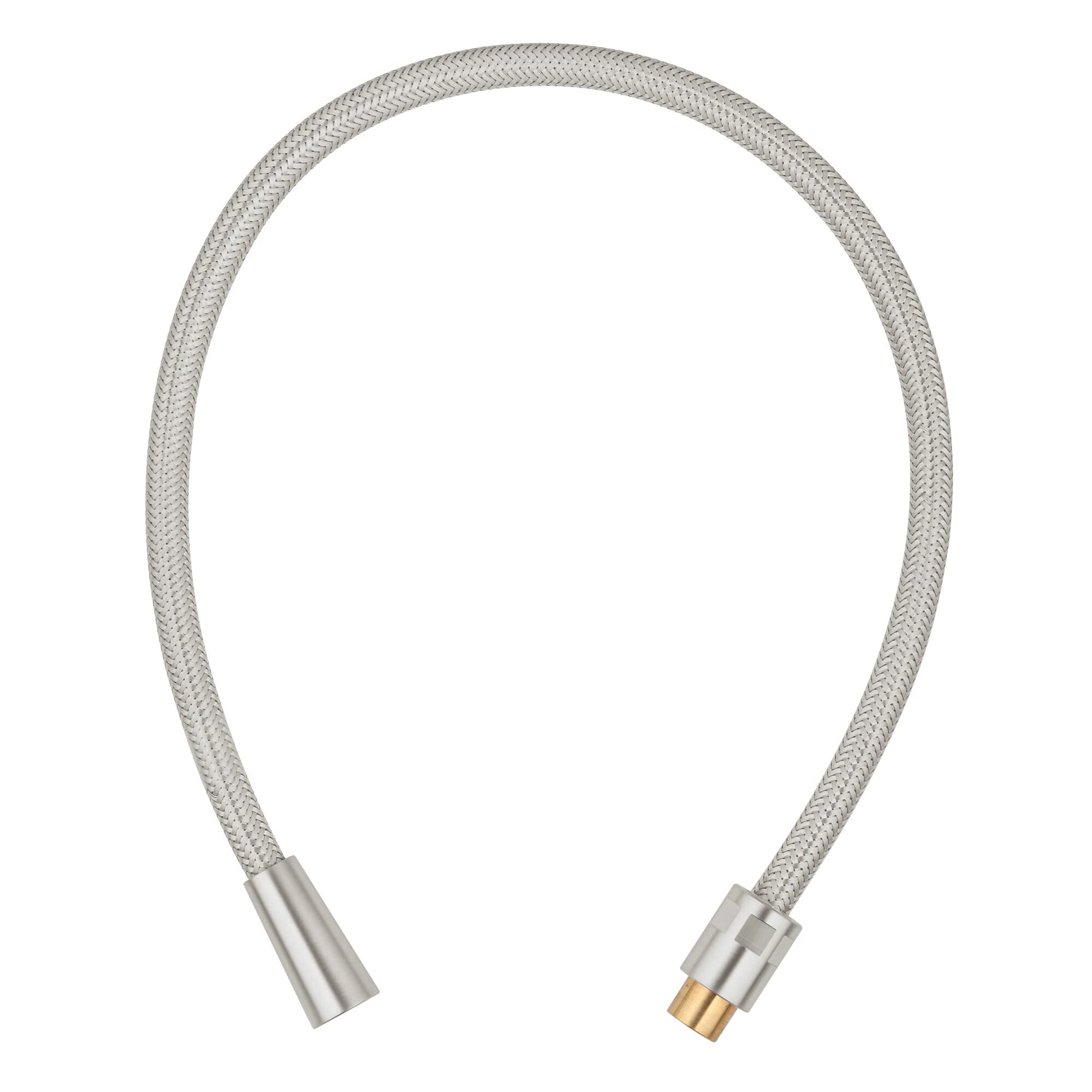 Silver braided shower hose with metal connectors on both ends, displayed against white background.