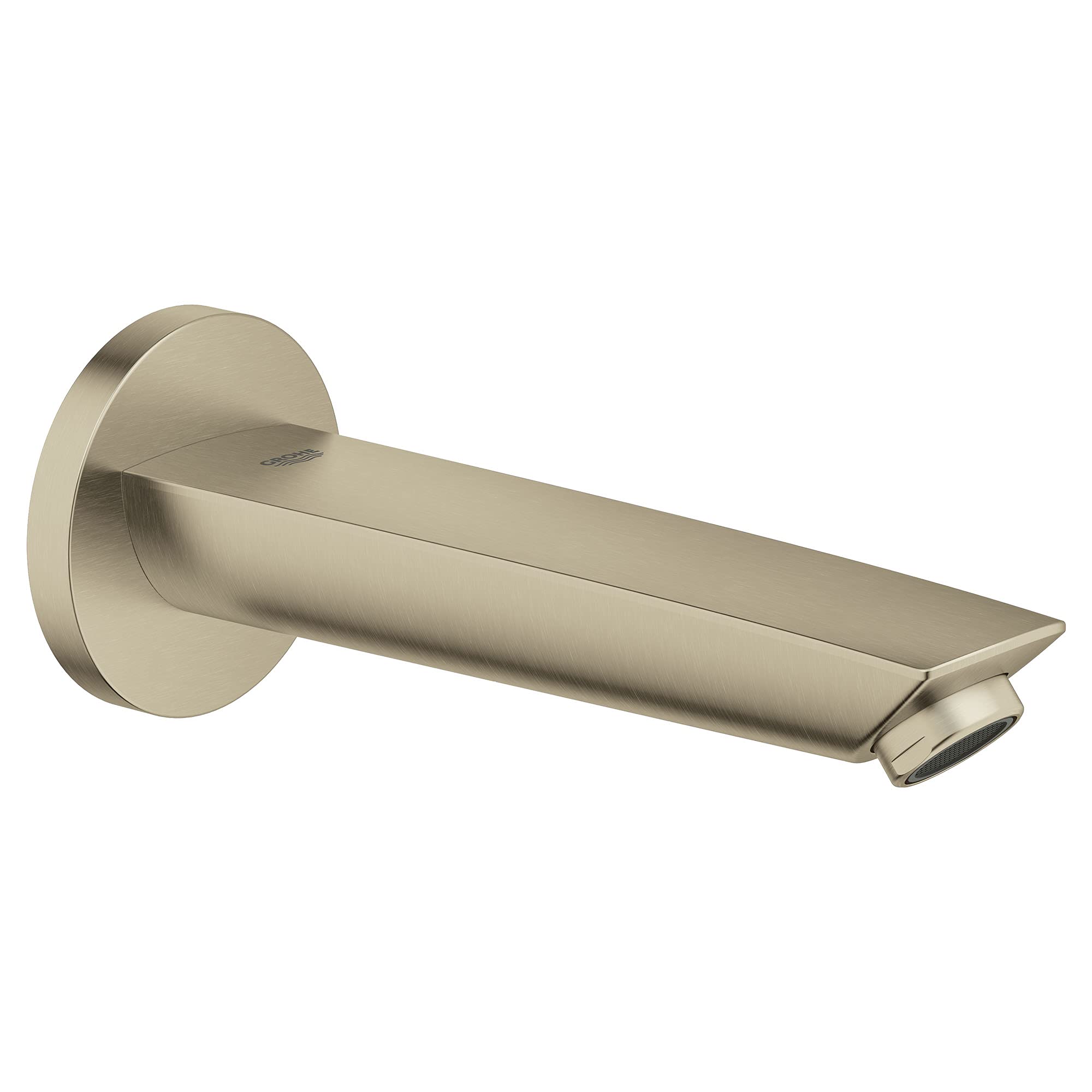 Brushed nickel tub spout with curved cylindrical outlet and round wall-mounted flange.