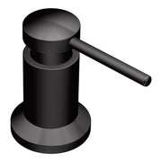 Matte black countertop soap dispenser with cylindrical pump and round base.