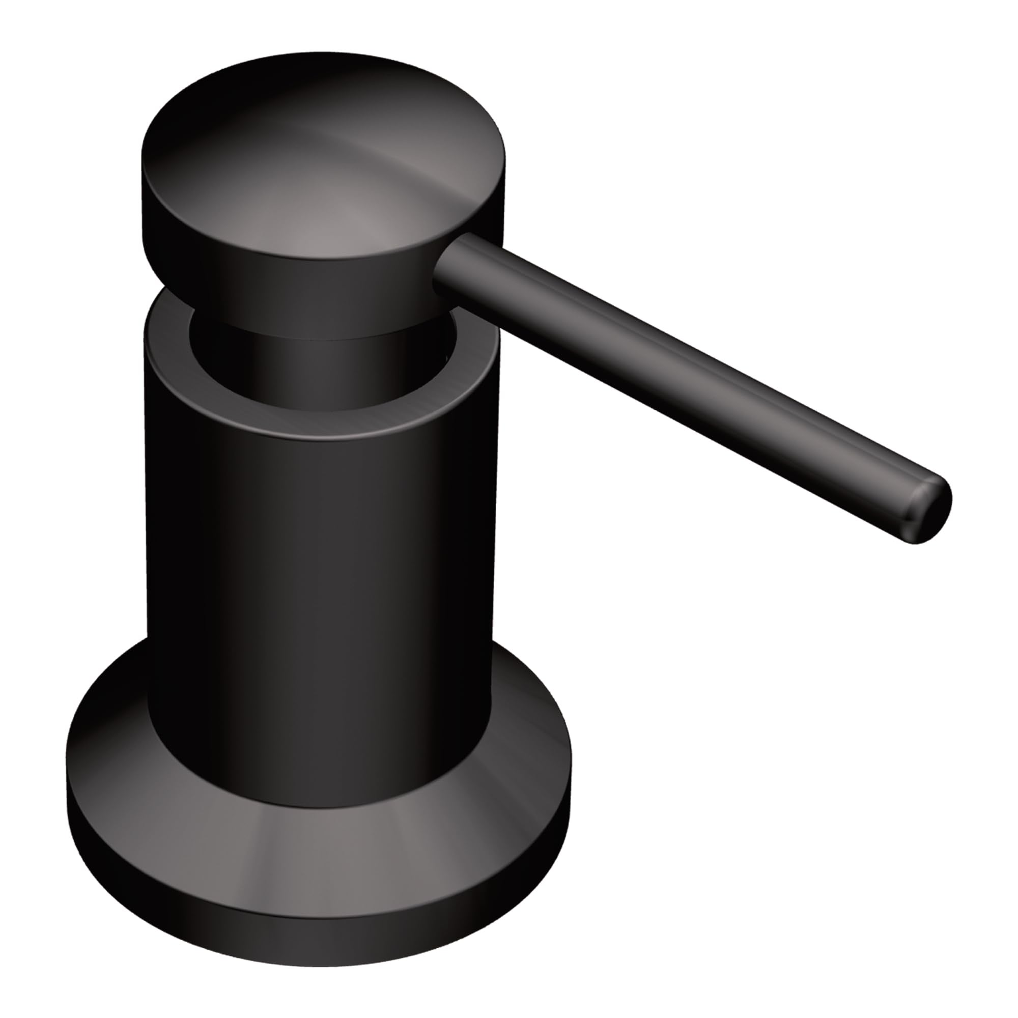 Matte black countertop soap dispenser with cylindrical pump and round base.