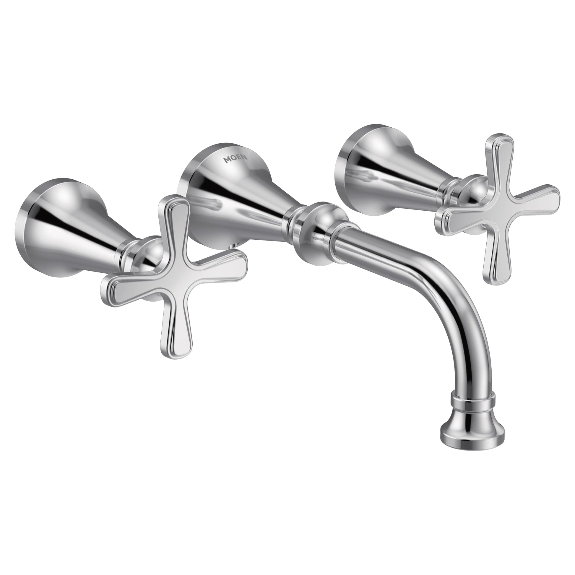 Chrome wall-mounted bathroom faucet trim with curved spout and two cross handles.
