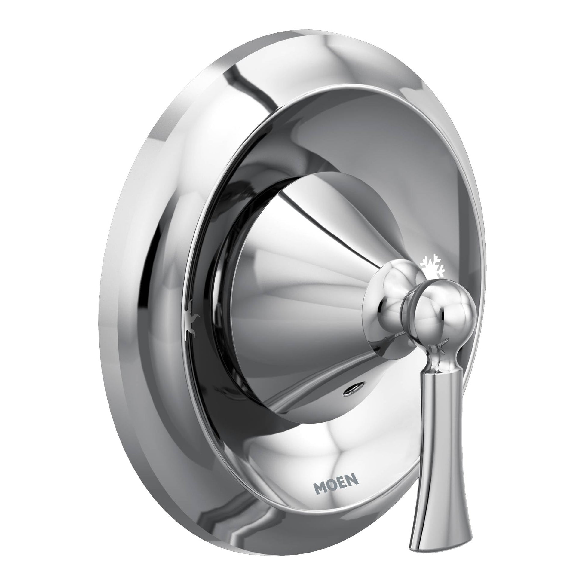 Chrome single-handle shower valve trim with round escutcheon plate and lever handle in polished finish.
