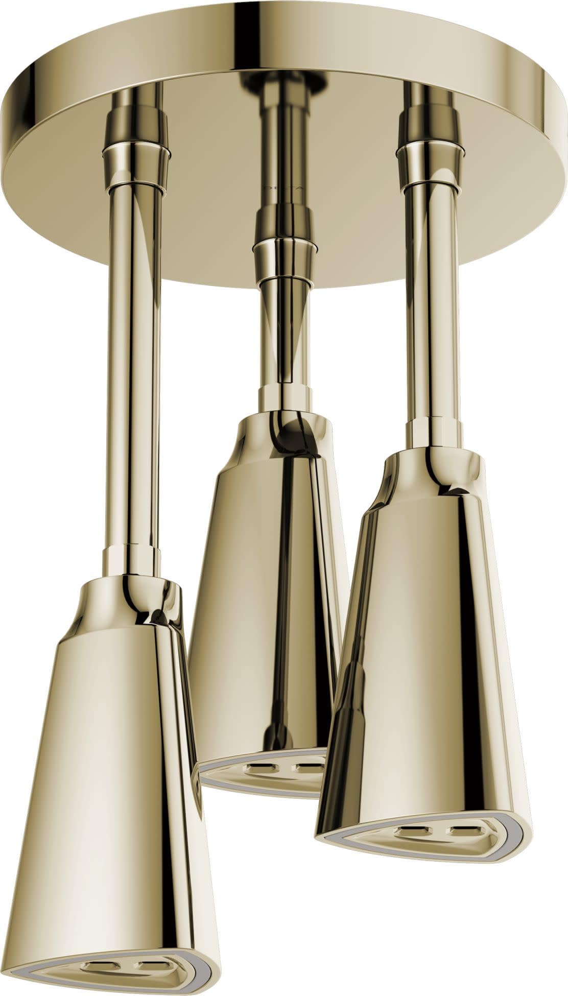 Champagne gold ceiling-mounted shower head with three pendant nozzles suspended from round trim plate.