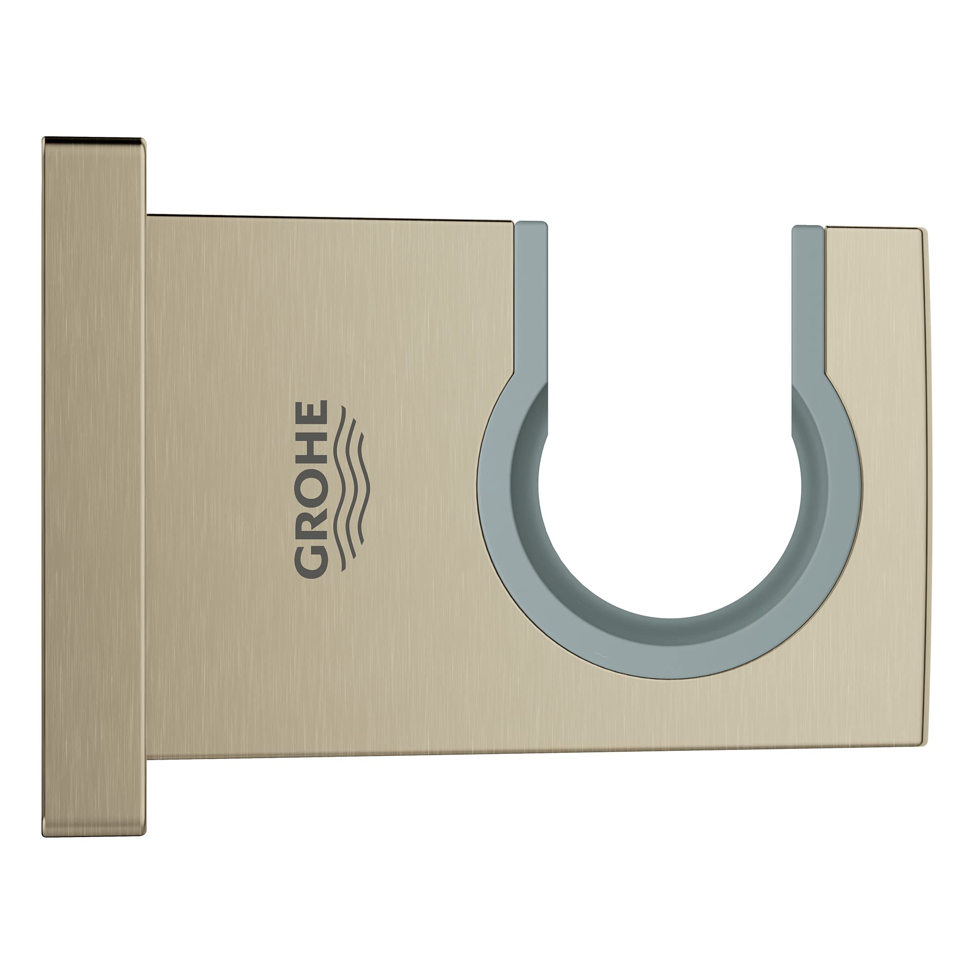 Grohe brushed nickel wall mount hand shower holder with circular grip and mounting flange.