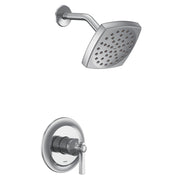 Chrome shower trim kit with single handle lever control, square showerhead with multiple spray holes, and curved wall-mounted