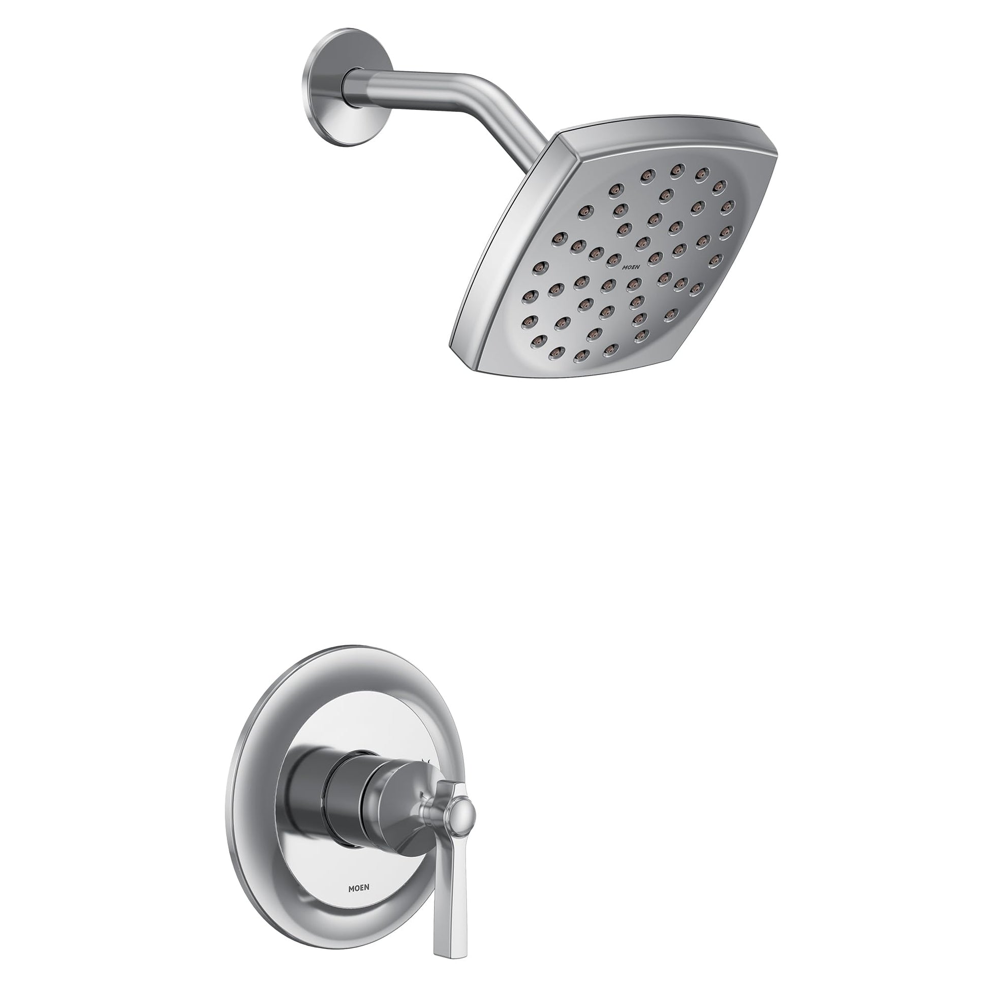 Chrome shower trim kit with single handle lever control, square showerhead with multiple spray holes, and curved wall-mounted