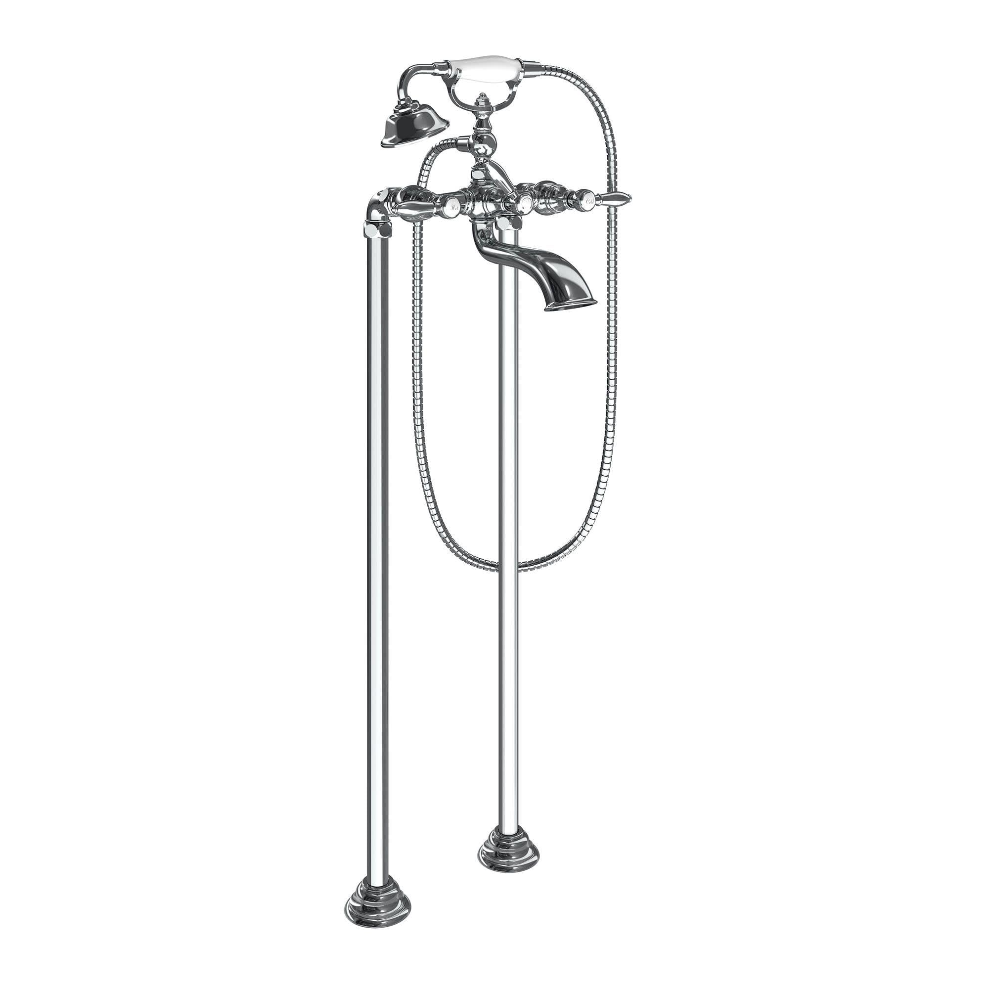 Chrome freestanding tub filler with two handles, handheld showerhead, and curved spout on tall risers.