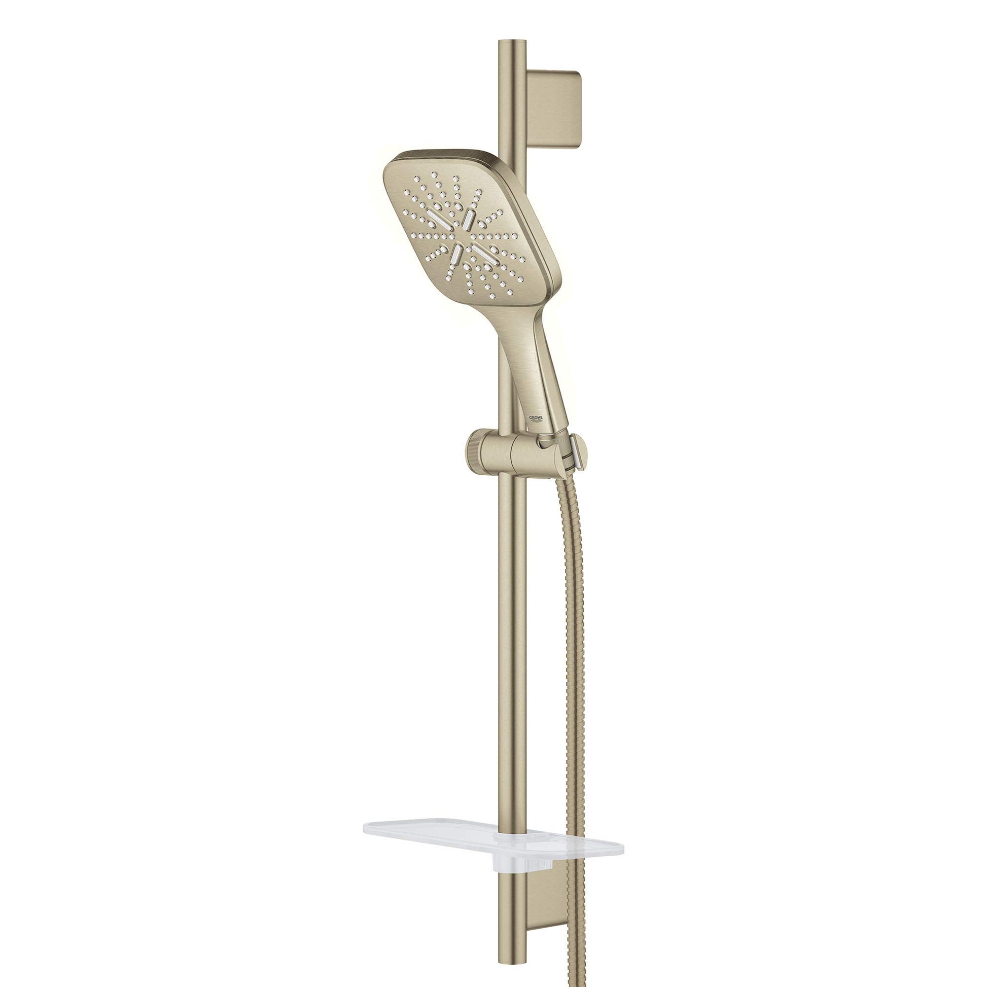 Brushed nickel shower slide bar kit with square rainfall showerhead, handheld spray, and adjustable rail with shelf.