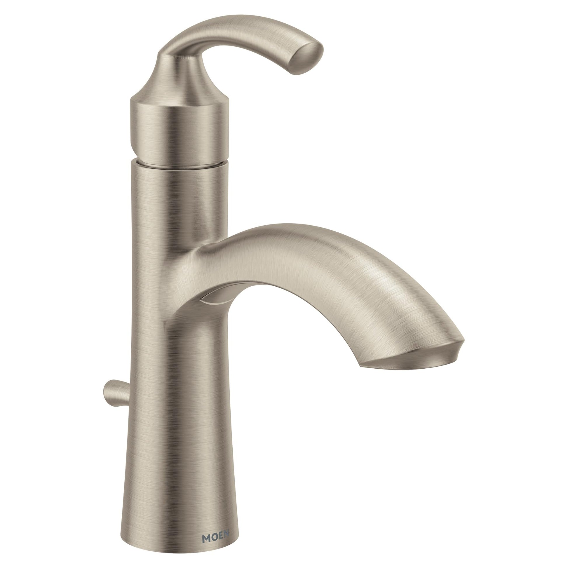 Brushed nickel single-handle bathroom sink faucet with curved spout and control lever.