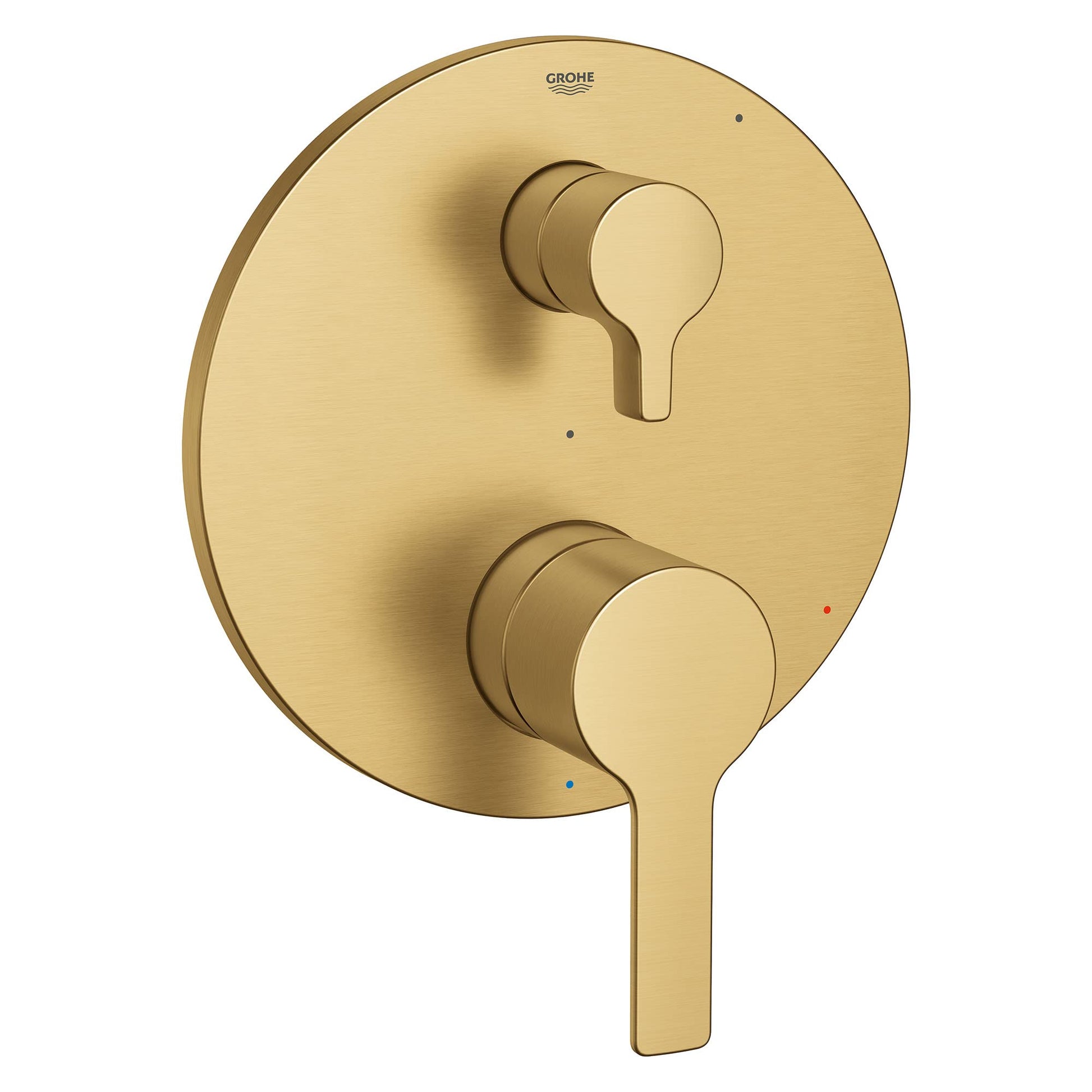 Grohe Lineare brushed gold pressure balance valve trim with upper diverter handle and lower volume control lever on circular 