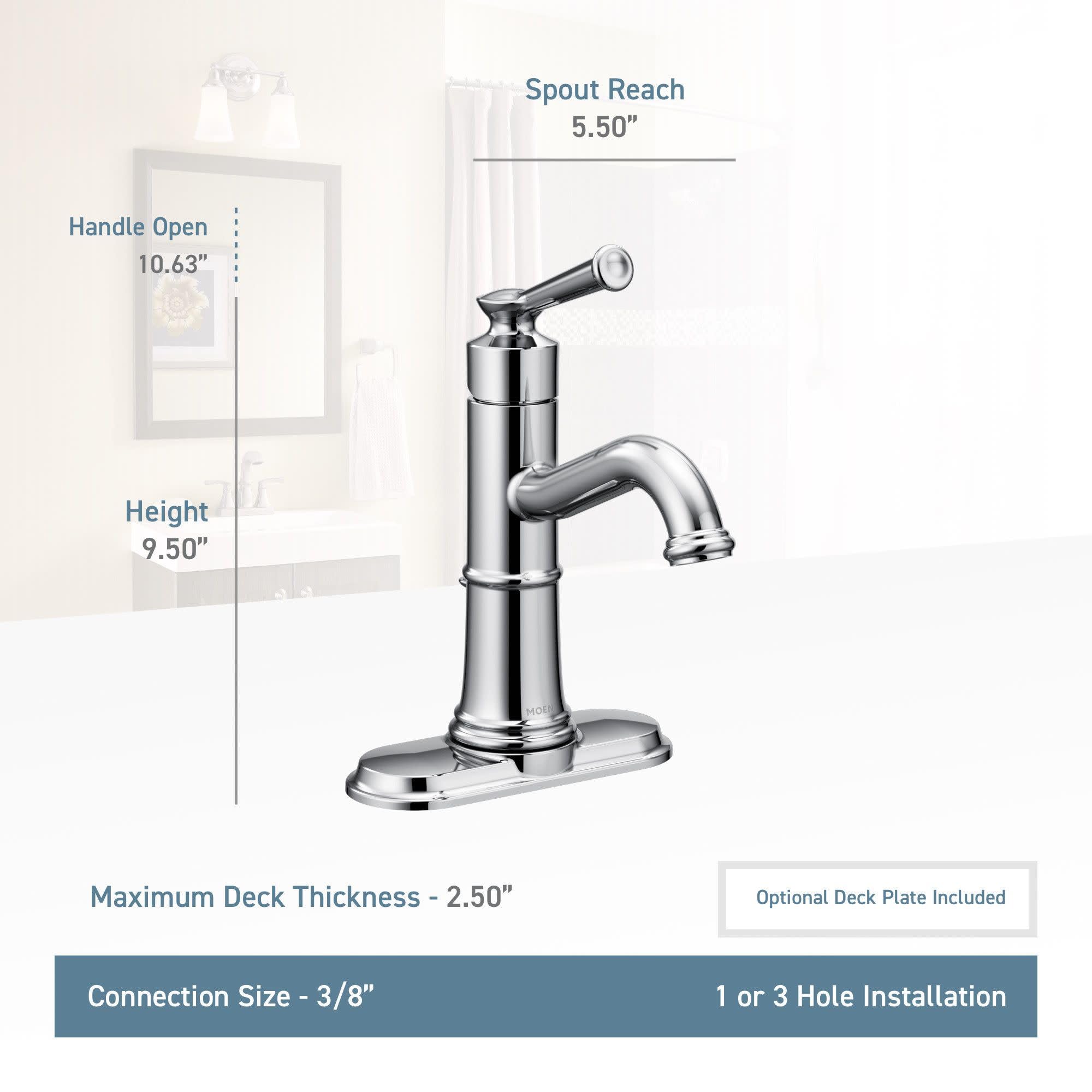 Chrome single-handle bathroom sink faucet with curved spout, 9.50" height, 5.50" spout reach, and oval base plate.