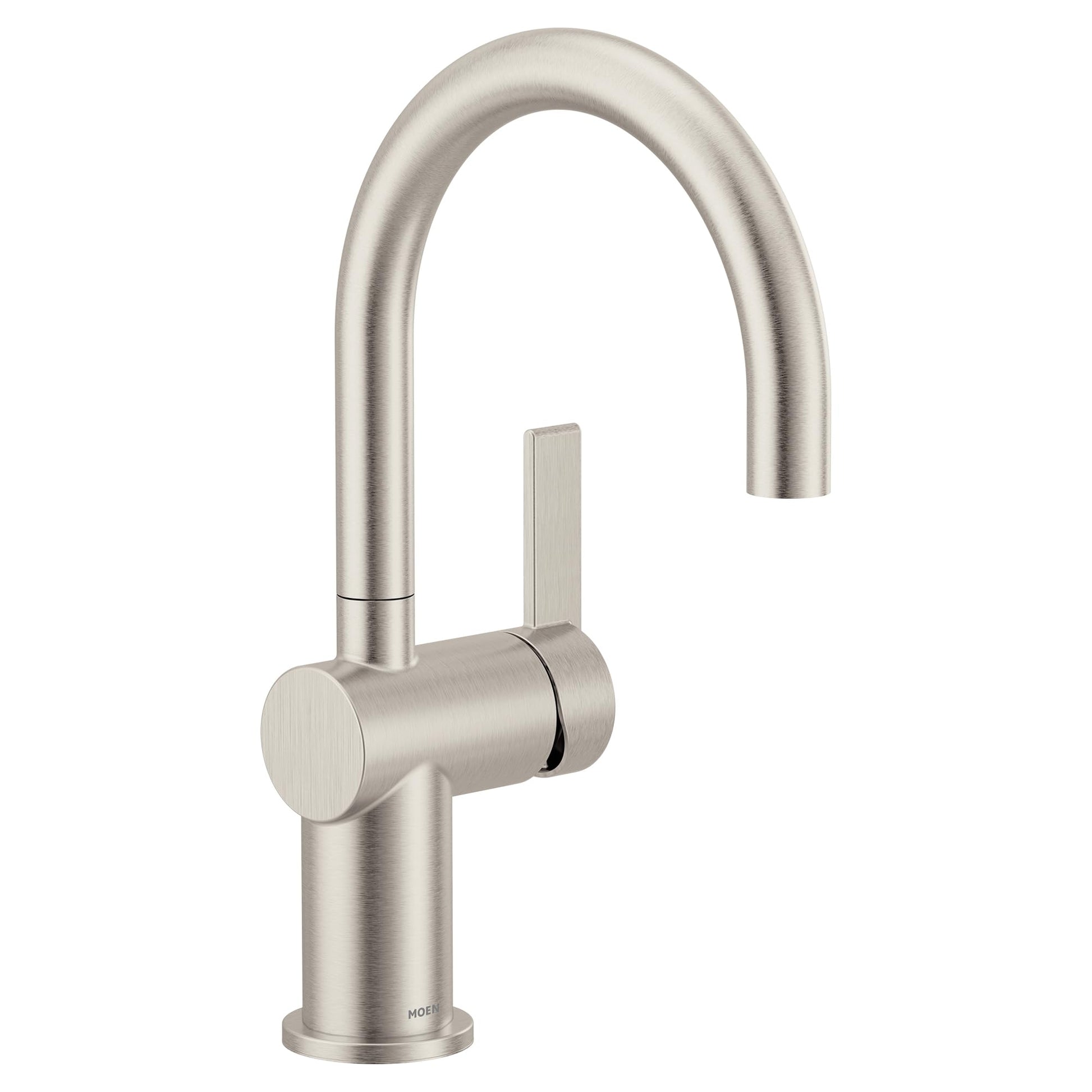 Moen Cia single-handle bar faucet in brushed stainless steel with high curved spout and rectangular lever handle.