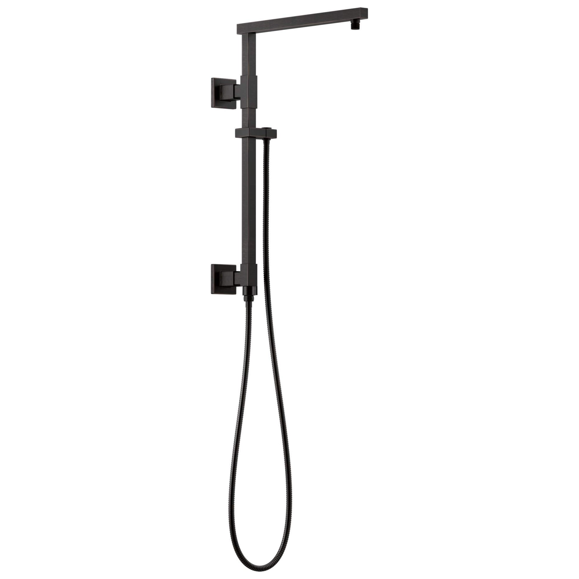 Black angular shower column with overhead rainhead, handheld spray, and wall-mounted controls.