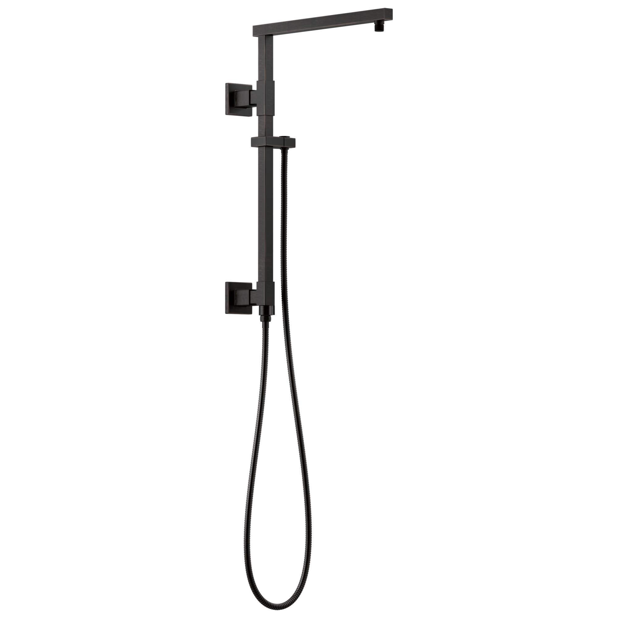 Black angular shower column with overhead rainhead, handheld spray, and wall-mounted controls.