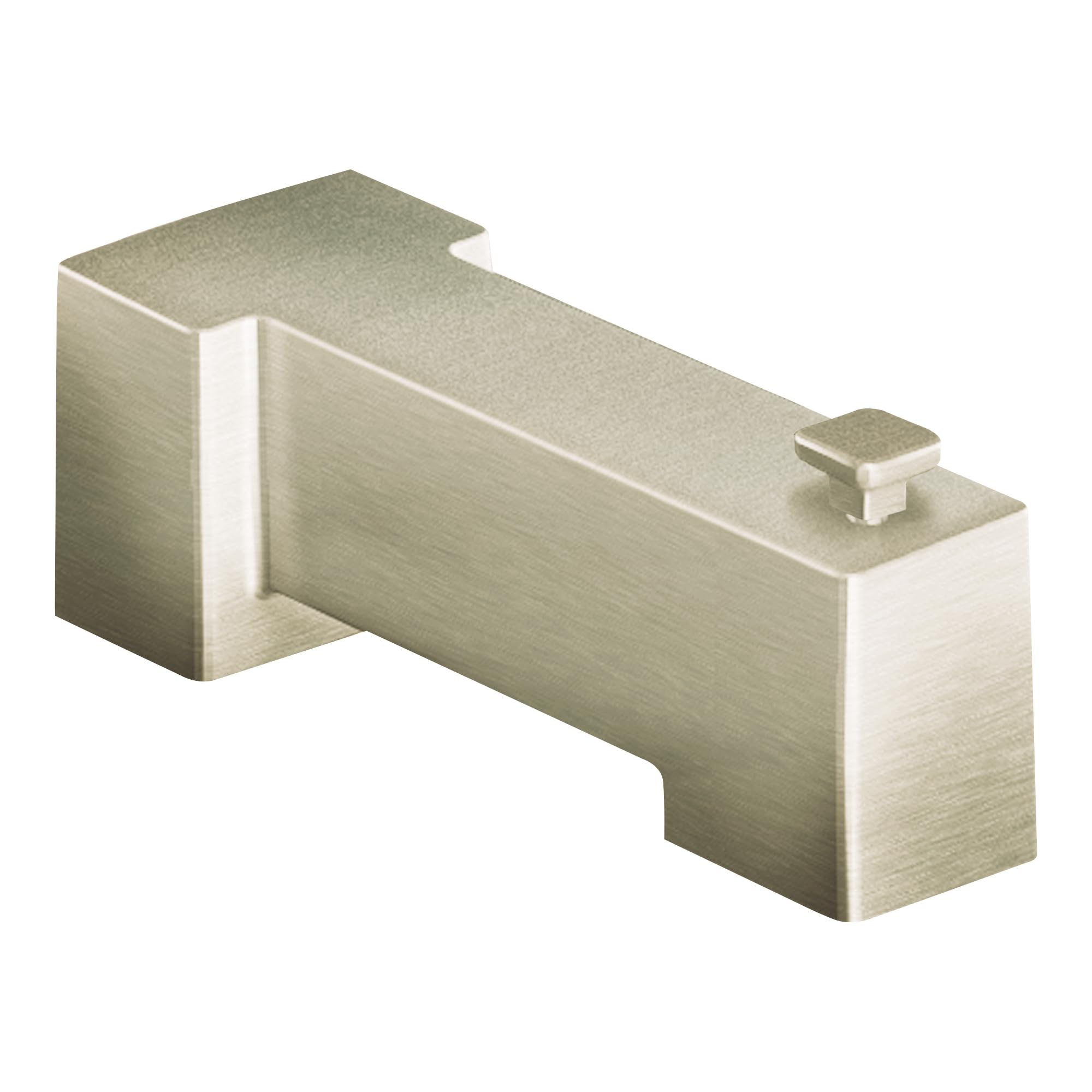 Brushed nickel tub spout with diverter and small square handle on right side.