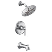 Chrome tub and shower trim kit with single-handle valve, showerhead with spray pattern, and tub spout.
