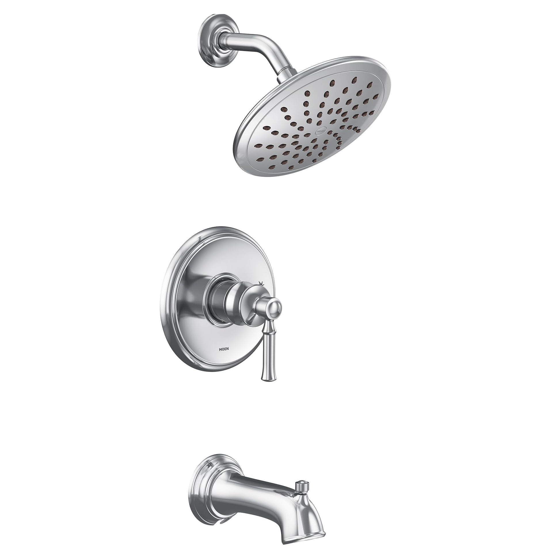 Chrome tub and shower trim kit with single-handle valve, showerhead with spray pattern, and tub spout.