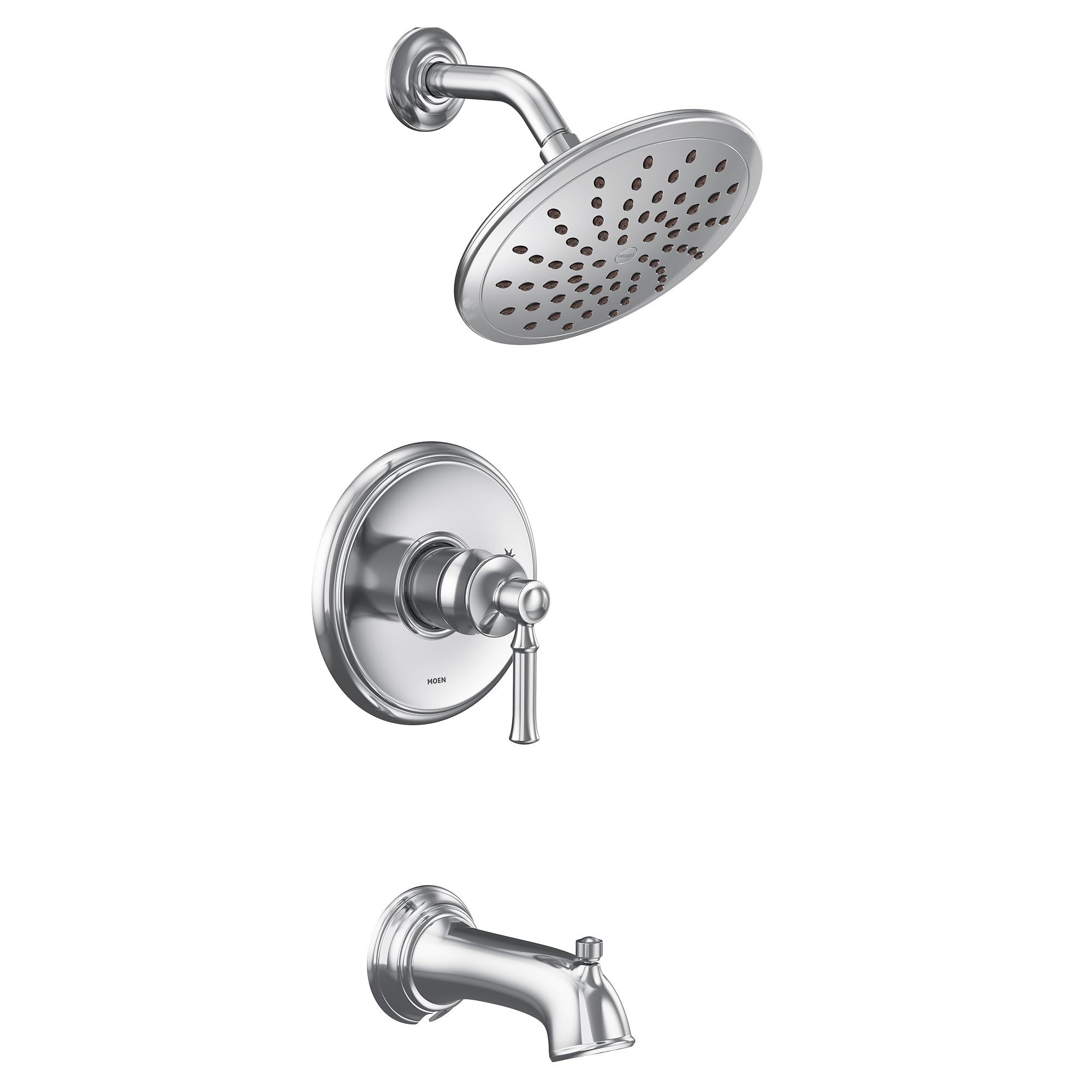 Chrome tub and shower trim kit with single-handle valve, showerhead with spray pattern, and tub spout.