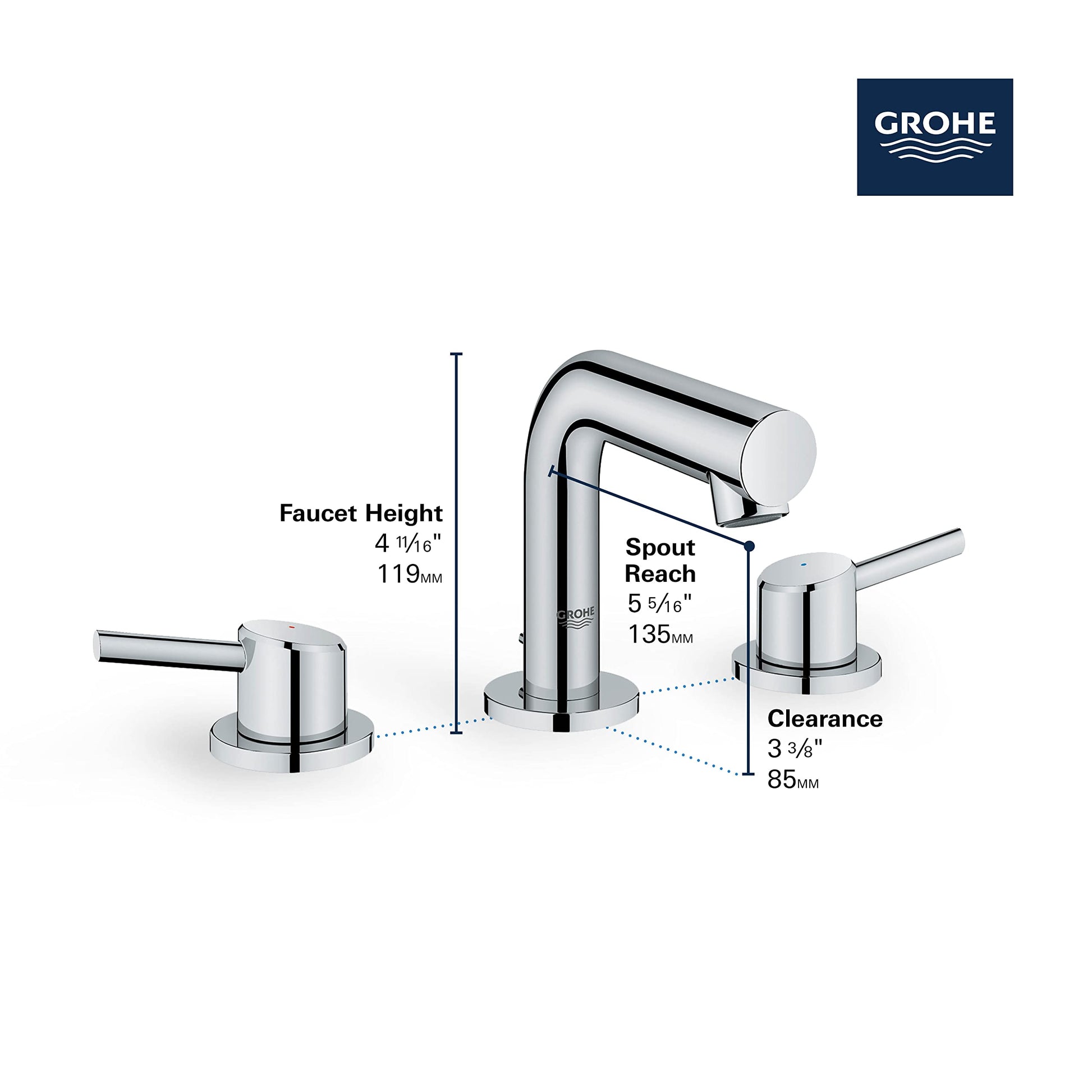 Grohe Concetto widespread bathroom faucet with two handles, tall arched spout, and brushed cool sunrise finish shown with dim