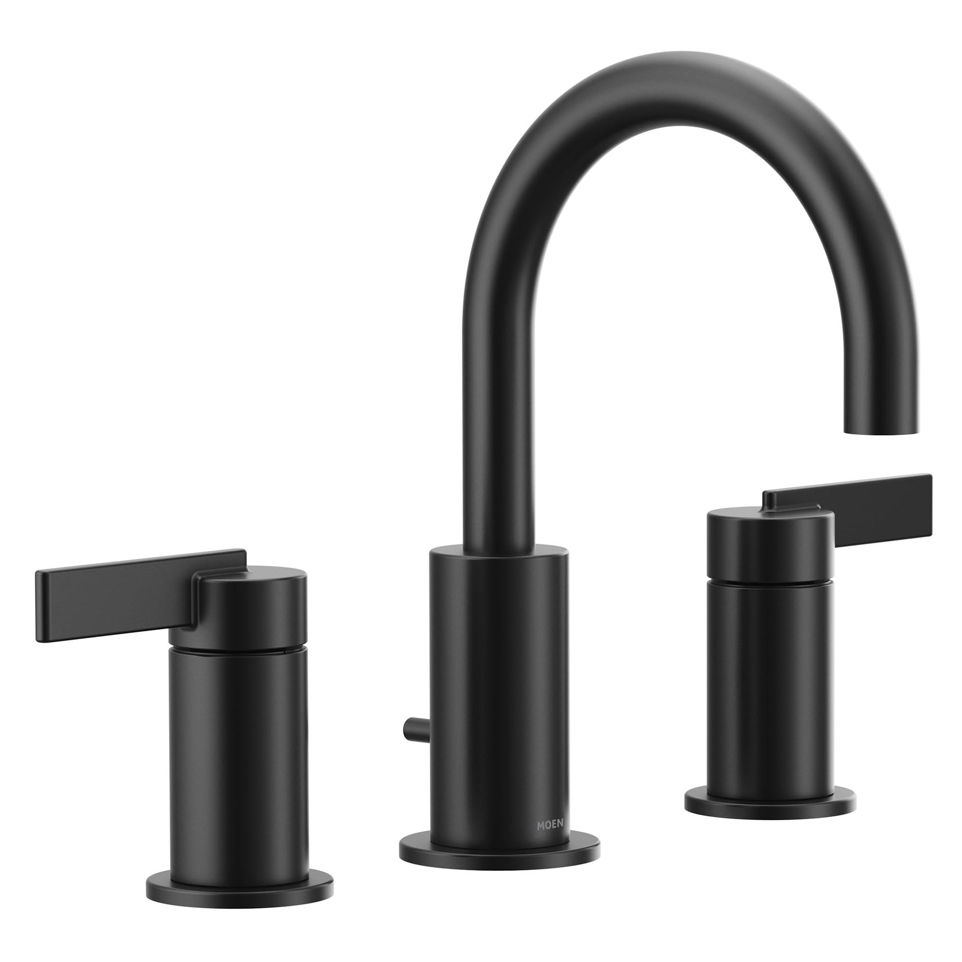 Matte black widespread bathroom faucet with high arc spout and two lever handles.